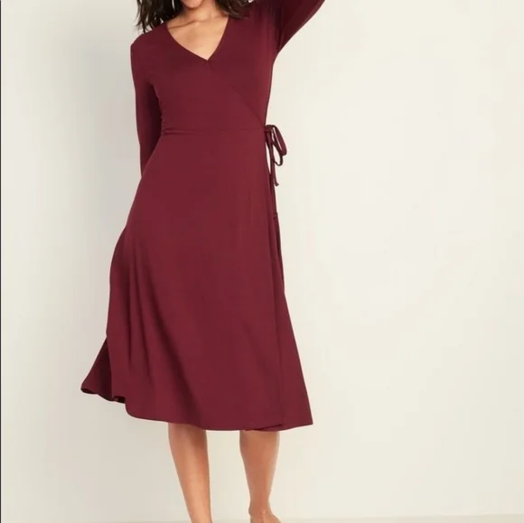 Burgundy Knit Sweater Dress, Faux Wrap Burgundy Knit Sweater Dress, Faux Wrap